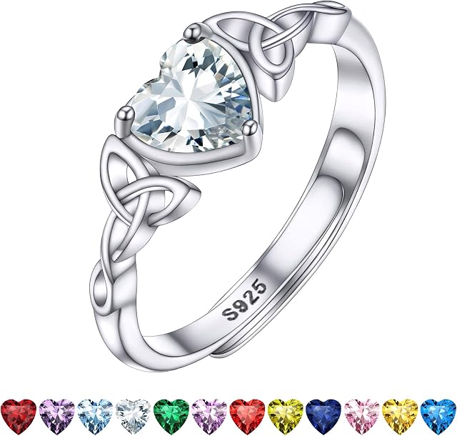 Bestyle Women 925 Sterling Silver Celtic Knot Birthstone Ring Dainty Gemstone Wedding Band Engagement Ring for Her Adjustable Silver Heart Shape Birthstone Jewellery