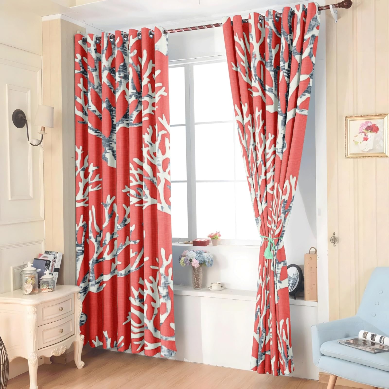 Curtain Beige Korallendruck Gardinen Blackout Curtain Polyester Vorhang mit Ösen Waschbar Vorhänge Living Room Verdunklungsvorhänge Schlafzimmer Gardienen Vorhang Blickdicht 2x85x200cm