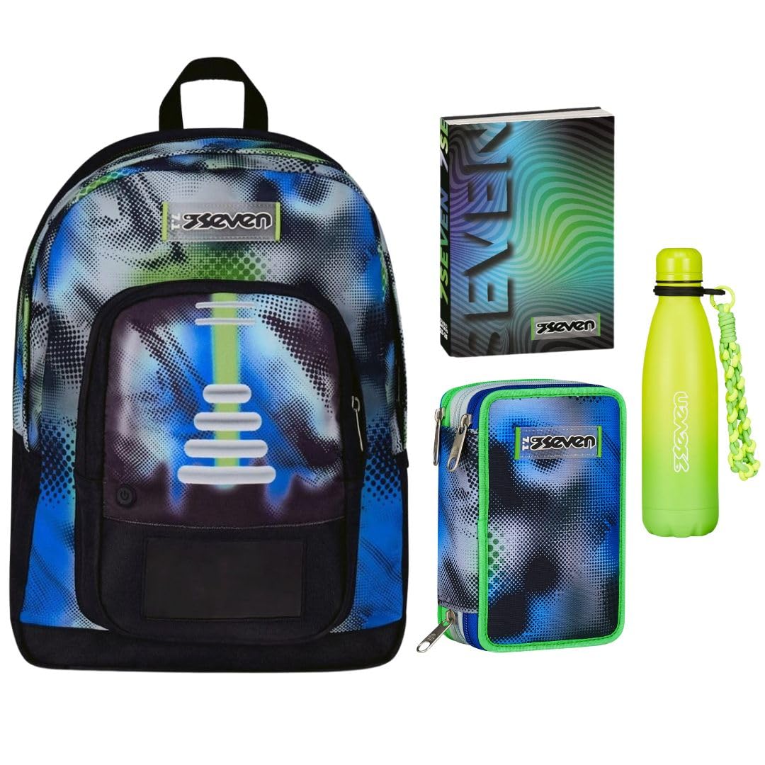 Seven Freethink Set Scuola, Zaino con Astuccio 3 Zip, Diario e Borraccia, Design Multicolore (WRITE DOWN Blu)