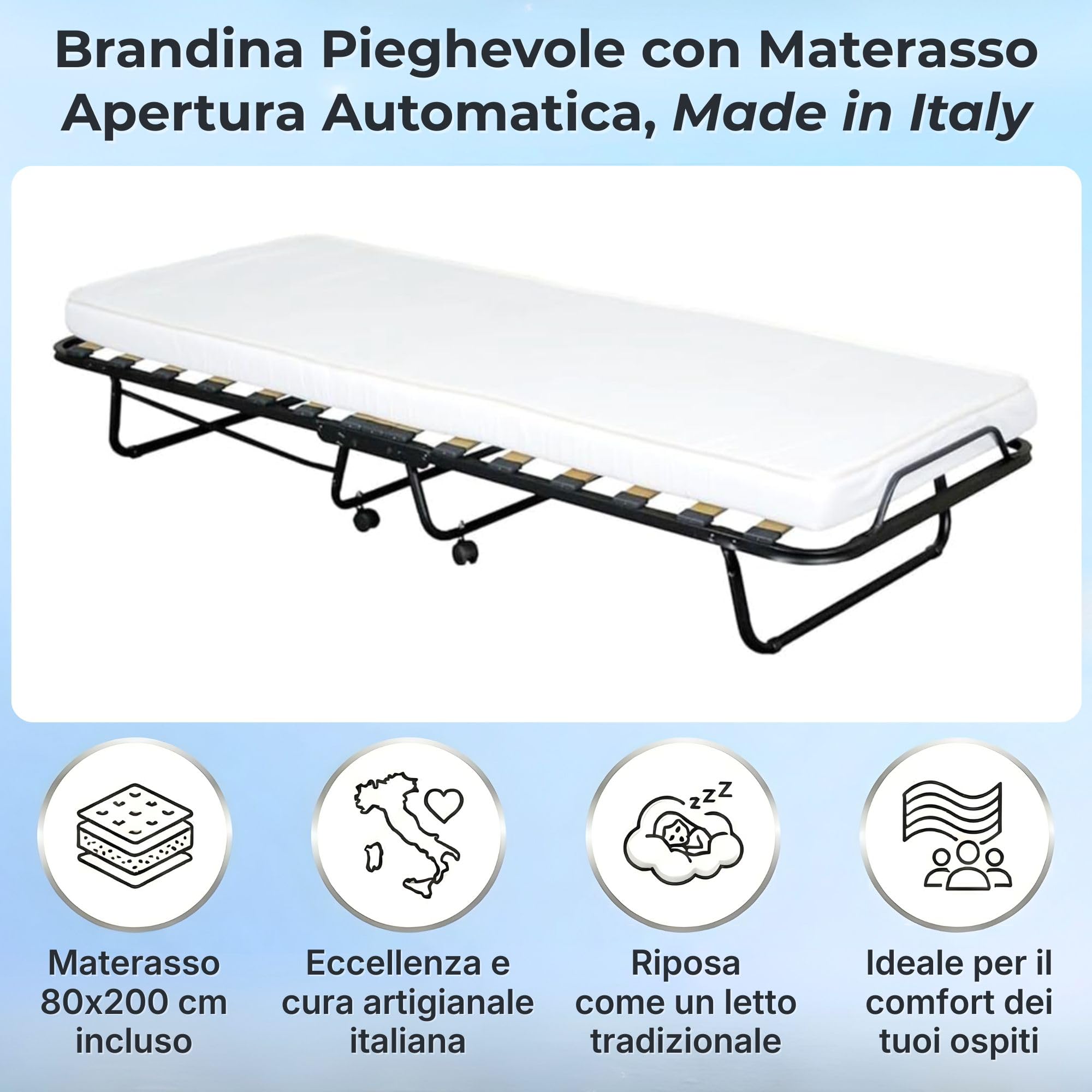 SEDIAOFFICE - Brandina Pieghevole con Materasso e Apertura Automatica Made in Italy, Letto Singolo a Scomparsa (80x200) Letto Pieghevole Singolo con Materasso Alto 10cm (Bianca, 15 Doghe)
