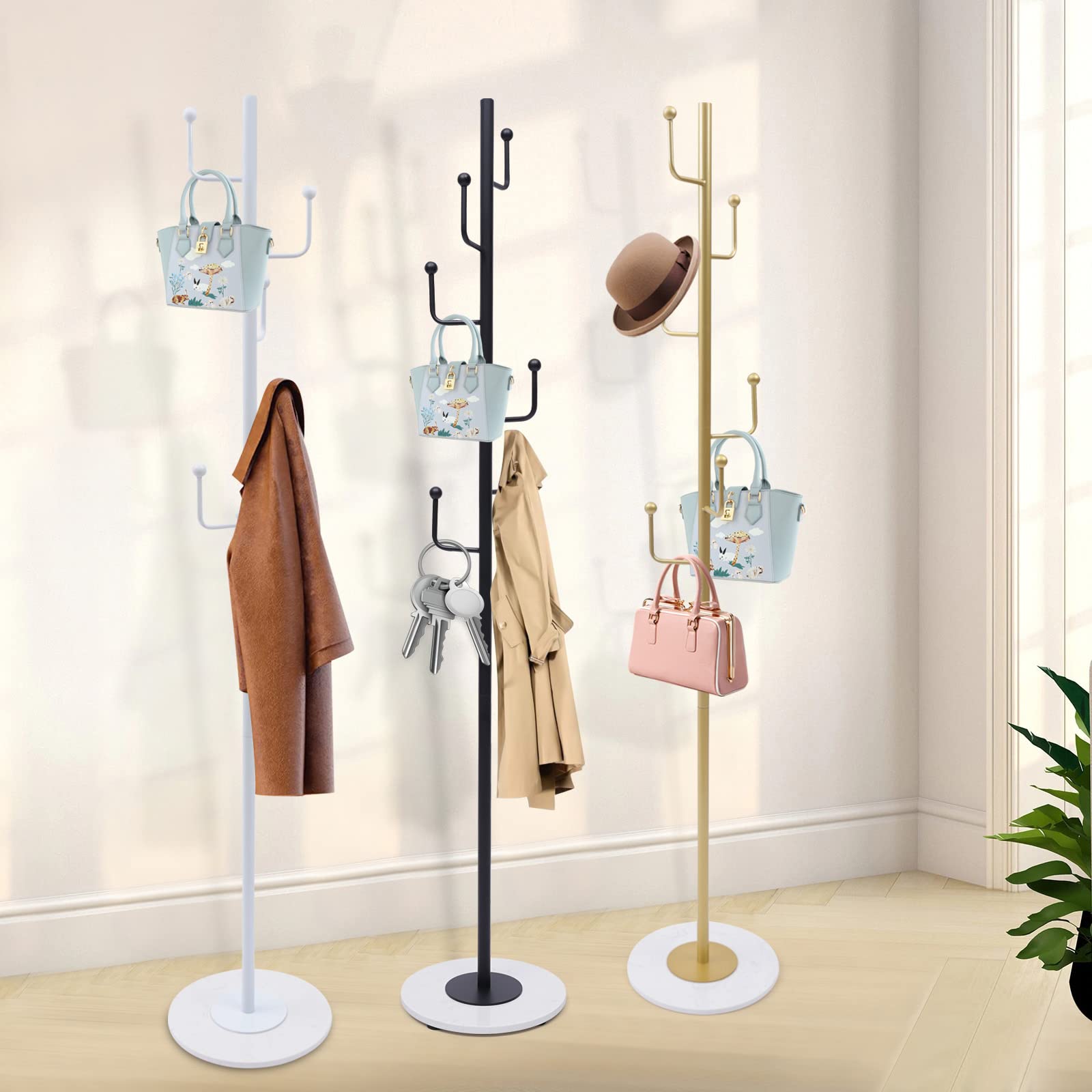 Freistehender Garderobenständer Garderobenständer, freistehend, modern, aus Metall, Flurgarderobe mit 6 Haken for Mäntel, Hüte, Taschen, Geldbörsen(Schwarz)