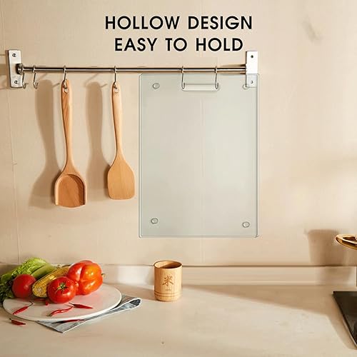 Miniatura 2 de JAMBALAY Tabla de cortar de vidrio templado con mango y pies antideslizantes, tabla de cortar transparente de 16 x 12 pulgadas para encimera de