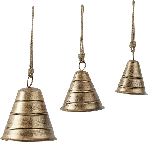 Miniatura 10 de Deco 79 Campana de vaca decorativa de meditación tibetana de metal con cuerda para colgar de yute, juego de 3 10 pulgadas, 8 pulgadas, 5 pulgadas de