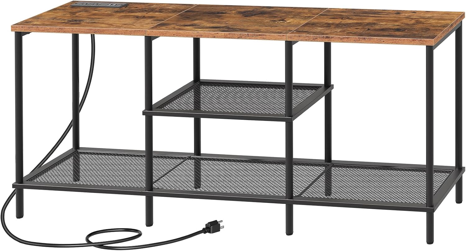 MAHANCRIS TV Stand components laid out before assembly, showing the top panel, metal frame, and mesh shelves.