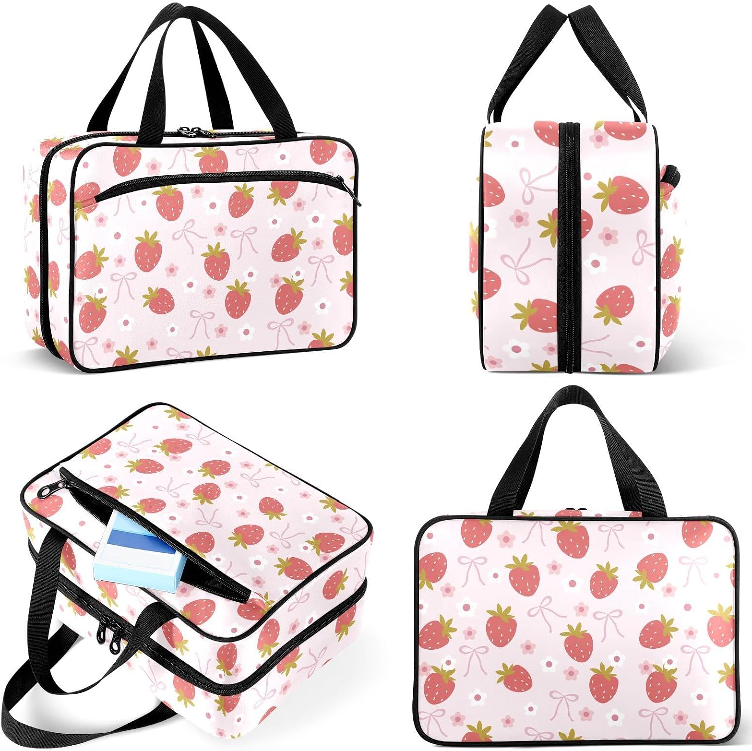 Travel Toiletry Bag for Woman/Men, Cute Strawberry with Bow Floral Light Pink Hanging Organizer Bag with Pockets Portable Folding Travel Case Bags for Makeup Cosmetic Toiletries Storage Traveling-L