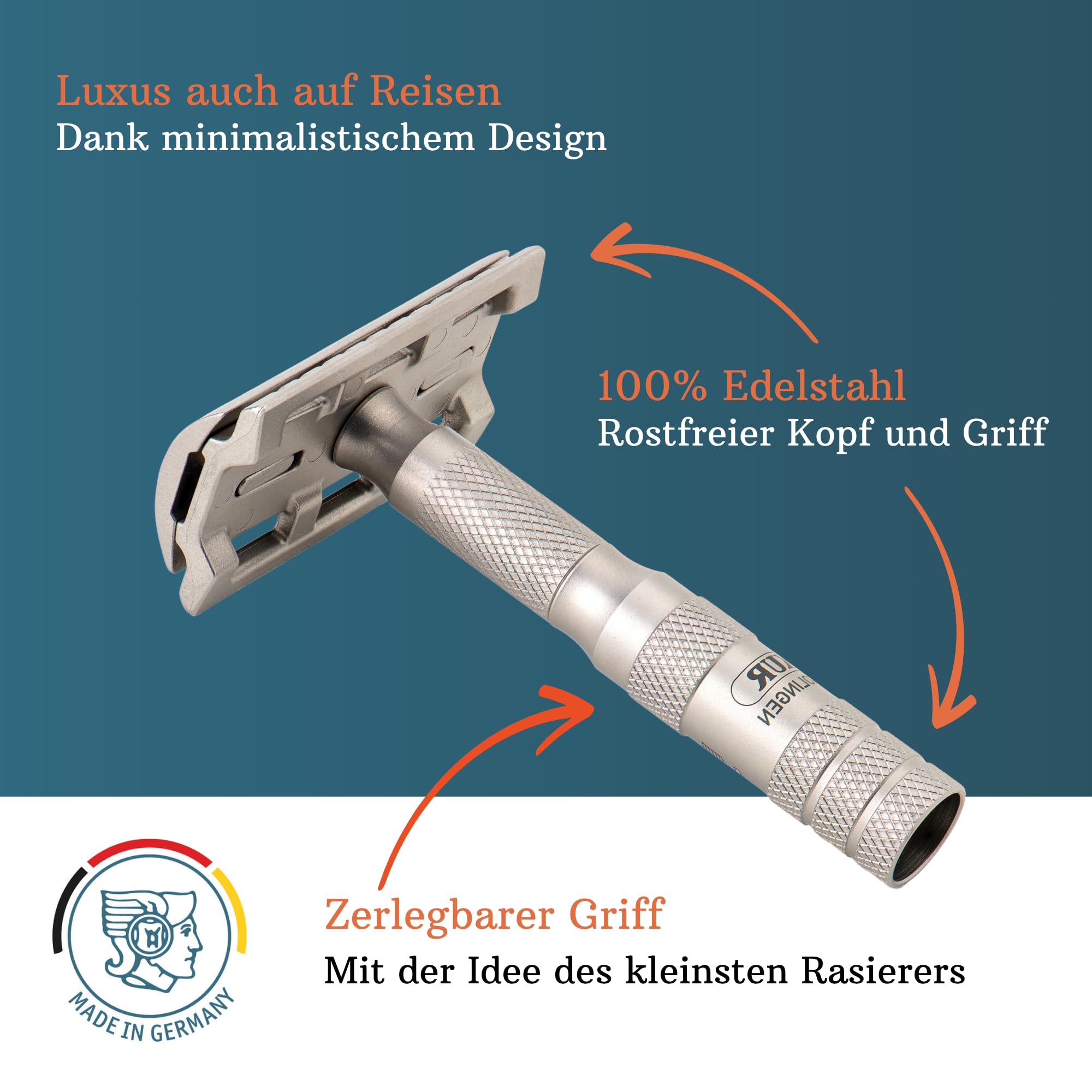 MERKUR Edelstahl Rasierhobel Set 933 INOX | Reiserasierer | inkl premium Rasierhobel und schwarzem Lederetui | Seidenmatt | Geschlossener Kamm | Zerlegbarer Griff | Made in Germany