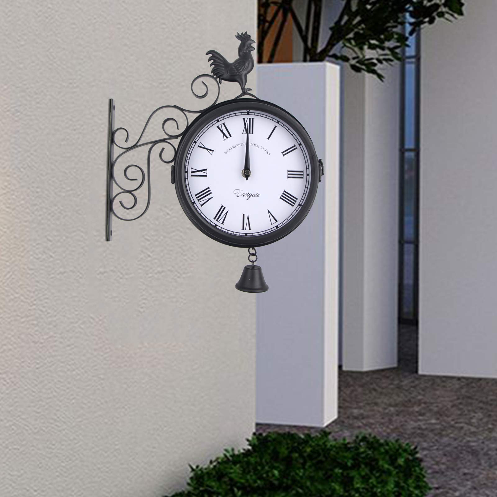 Horloge murale de gare double face antique - Cadran de 20 cm - Batterie rétro - Revêtement imperméable noir - En métal - Pour gare, couloir ou jardin