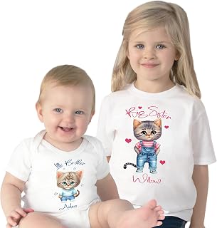 Sibling Matching Unisex Matching Outfits Cats Kitties Big Little Sister Brother T-shirt Shirts Vest Romper New Siblings Baby Grow Gift (3-6mths, Little Brother - Bodysuit, White)