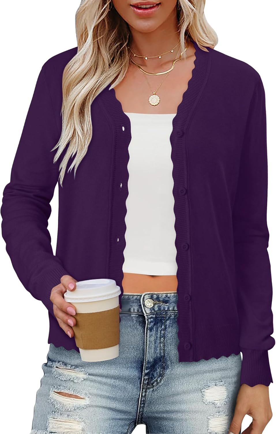 onlypuff Cardigan for Women Dressy Button Down Sweaters Work Cardigans Trendy Clothes Long Sleeve Knit S-2XL