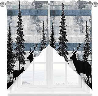 Vintage Bear Swag Valances for Windows, Kitchen Window Curtains Over Sink, Farmhouse Trees Mist Forest Wooden Grain Window Treatment Curtains for Living Room/Bedroom 2 Panel Sets 36"x45"