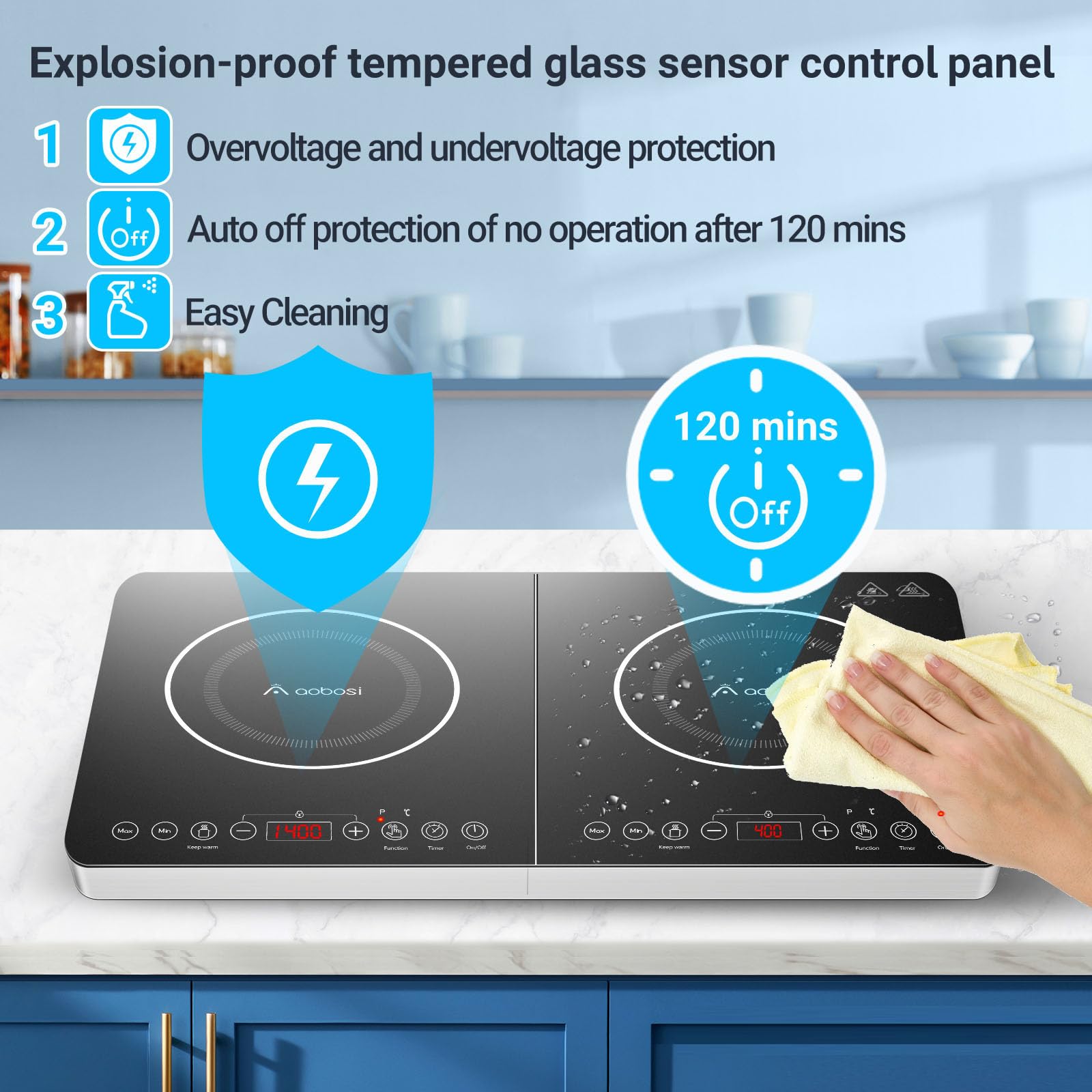 Aobosi Induction Plate 2 Burners, Induction Hob, Independent Control, 10 Temperature Levels and 6 Power Levels, Timer, Max and Min Button, Safety Lock, 3500W - 4