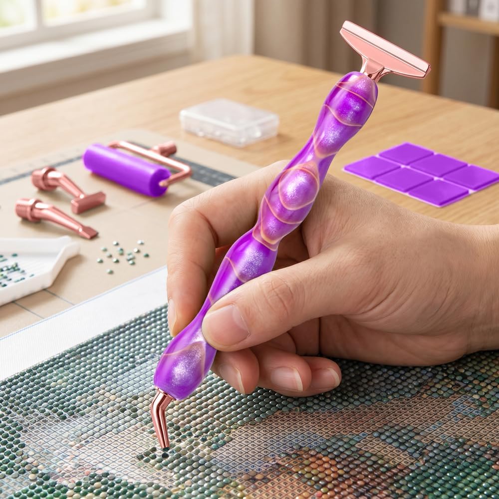 RaySoar Ergonomic Diamond Art Tools, Diamond Painting Pen with Curved Bow-Shaped Metal Tips, Multi-Placer Stylus Accessories Kit for Adults Gem Rhinestone Picker - Purple