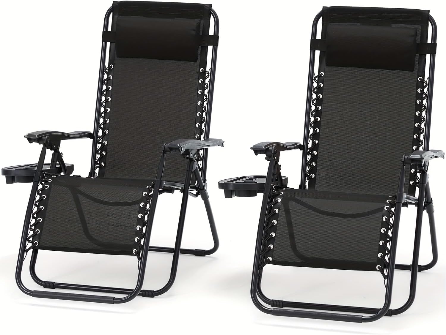 (5-9 Days Delivery)Foldable Outdoor Chaise Set of 2 Zero Gravity Folding Recliner Chairs Patio Outdoor Lounge Chairs with Cup Holder and Detachable Headrest for Beach Pool Garden Yard Deck (Black)