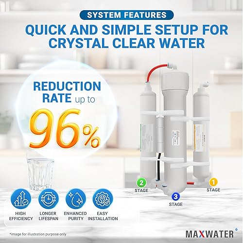 Miniatura 3 de Max Water Sistema de filtro de agua de ósmosis inversa portátil de 3 etapas, sistema de filtración de agua RO de 50 GPD para acuario, plantas,
