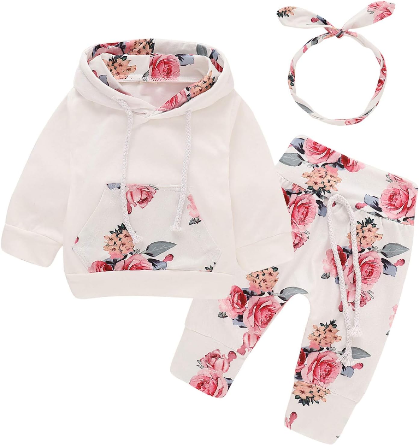 pusekyNewborn Baby Girl Clothes Floral Hoodie Sweatshirt with Pocket Flower Pants Tracksuit Outfits Set