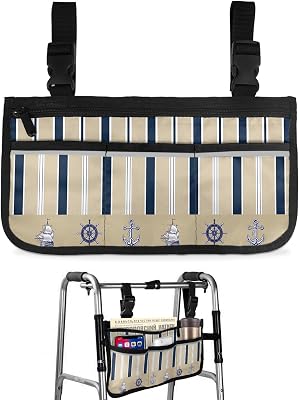 Nautical Wheelchair Side Bag Walker Bag, Sailboat Rudder Anchor Navy Blue Striped Brown Wheelchair Accessories Armrest Pouch, Organizer Storage Bag for Walkers, Rollators, Scooters, 7.3''x13''