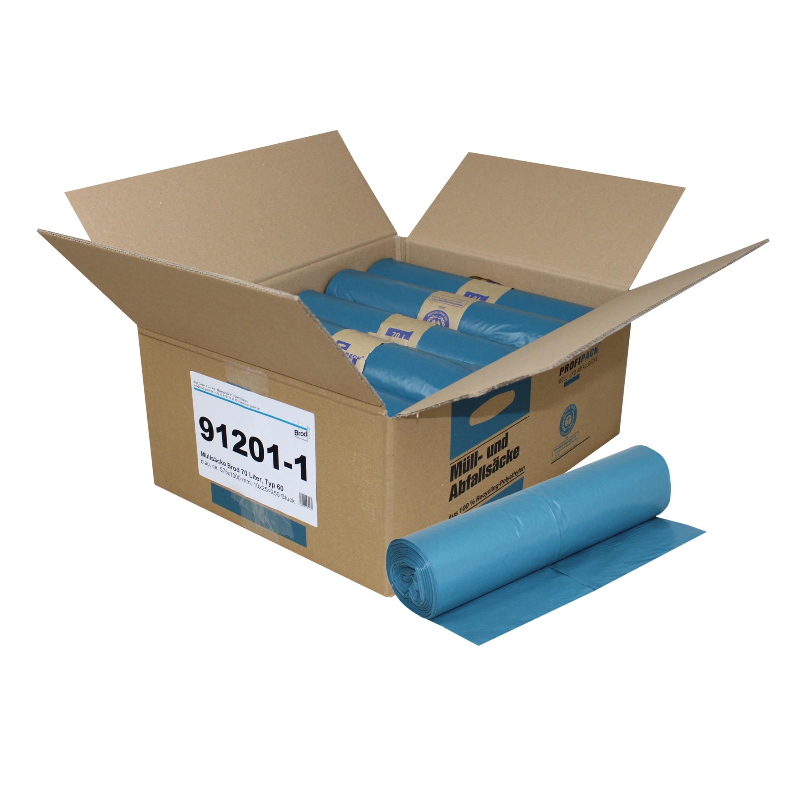 250 blaue Müllsäcke mit 70 Liter Volumen | Typ 60 | 10 Rollen à 25 Säcke