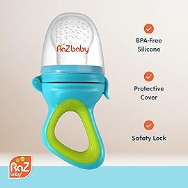 RaZbaby Baby Solids/Frozen Fruit Feeder Pacifier, Infant Teether Toy 6M+, BPA-Free, Safely Introduce Solids, Natural Teething Relief, Dishwasher Safe, Freezable - Grey & Tan 2-Pack