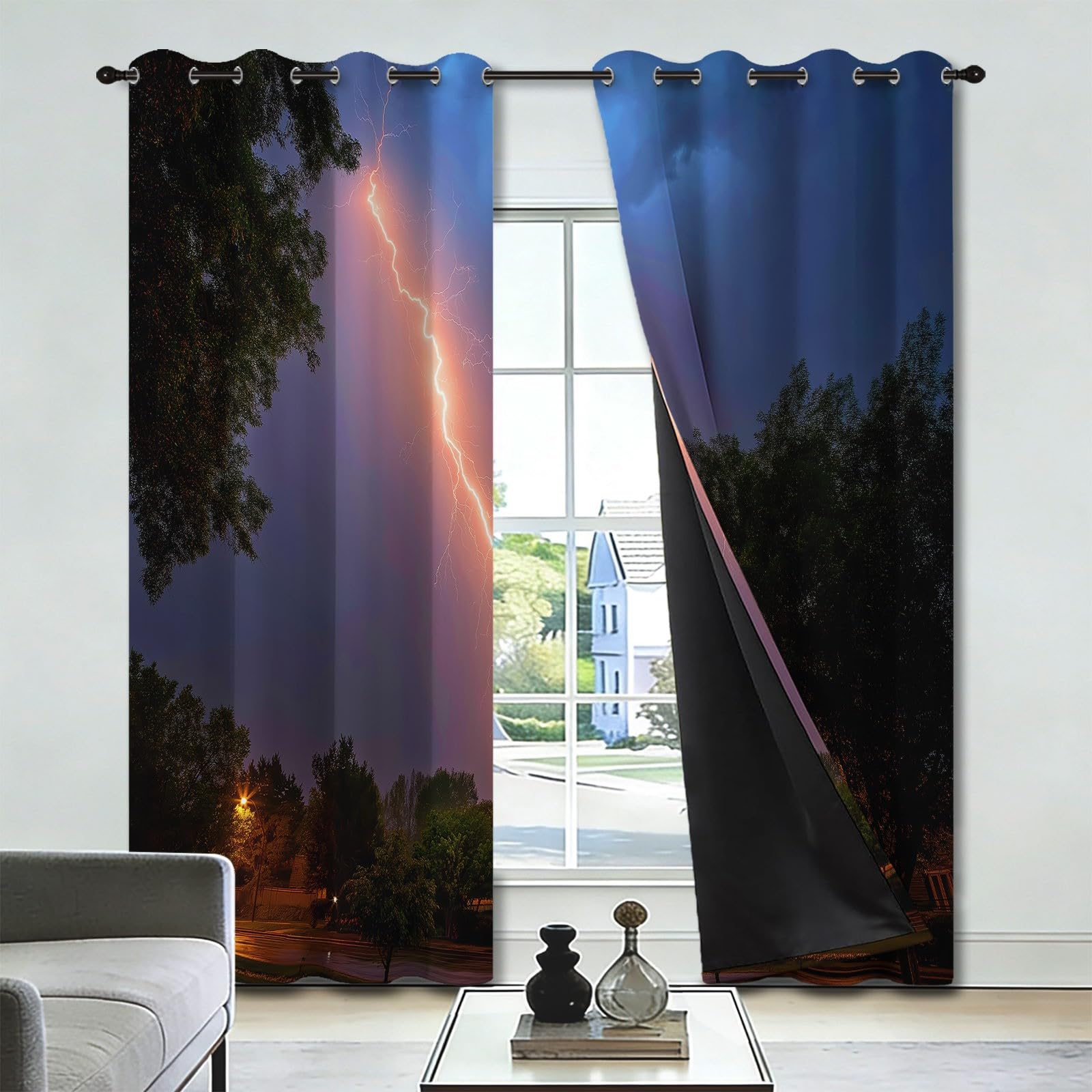 Zasłony zaciemniające Fotografia Burza, 140 l x 200 cm, z motywem błyskawicy ciemnych drzew, dekoracja okienna do salonu, sypialni, izolacja termiczna, 2 panele