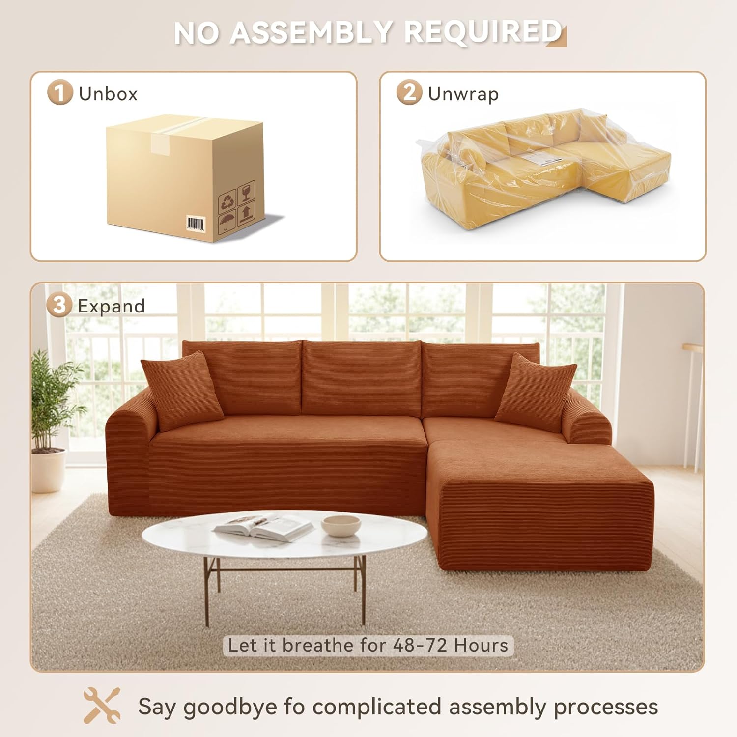 Modular Sectional Sofa with Chaise, Cloud Sectional Couch with Deep Seat, Modular L-Shape Sofa Corduroy Boneless Couch for Living Room,Bedroom,No Assembly Required(Orange, Right Facing Chaise)