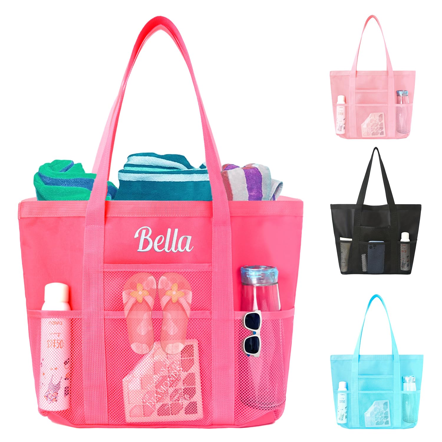 Ulico Personalized Beach Bag Embroidered Name，Custom Mesh Tote Bag for Women, Foldable Shoulder Bags for Swimming Pools