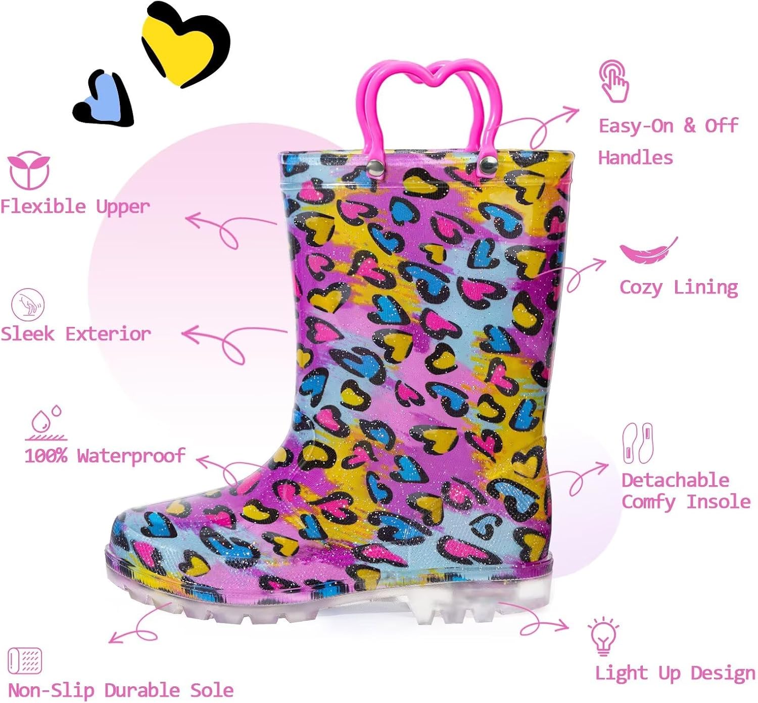 EUXTERPA Toddler Kids Waterproof Light Up Rain Boots Patterns and Glitter Boots with Handles for Boys Girls