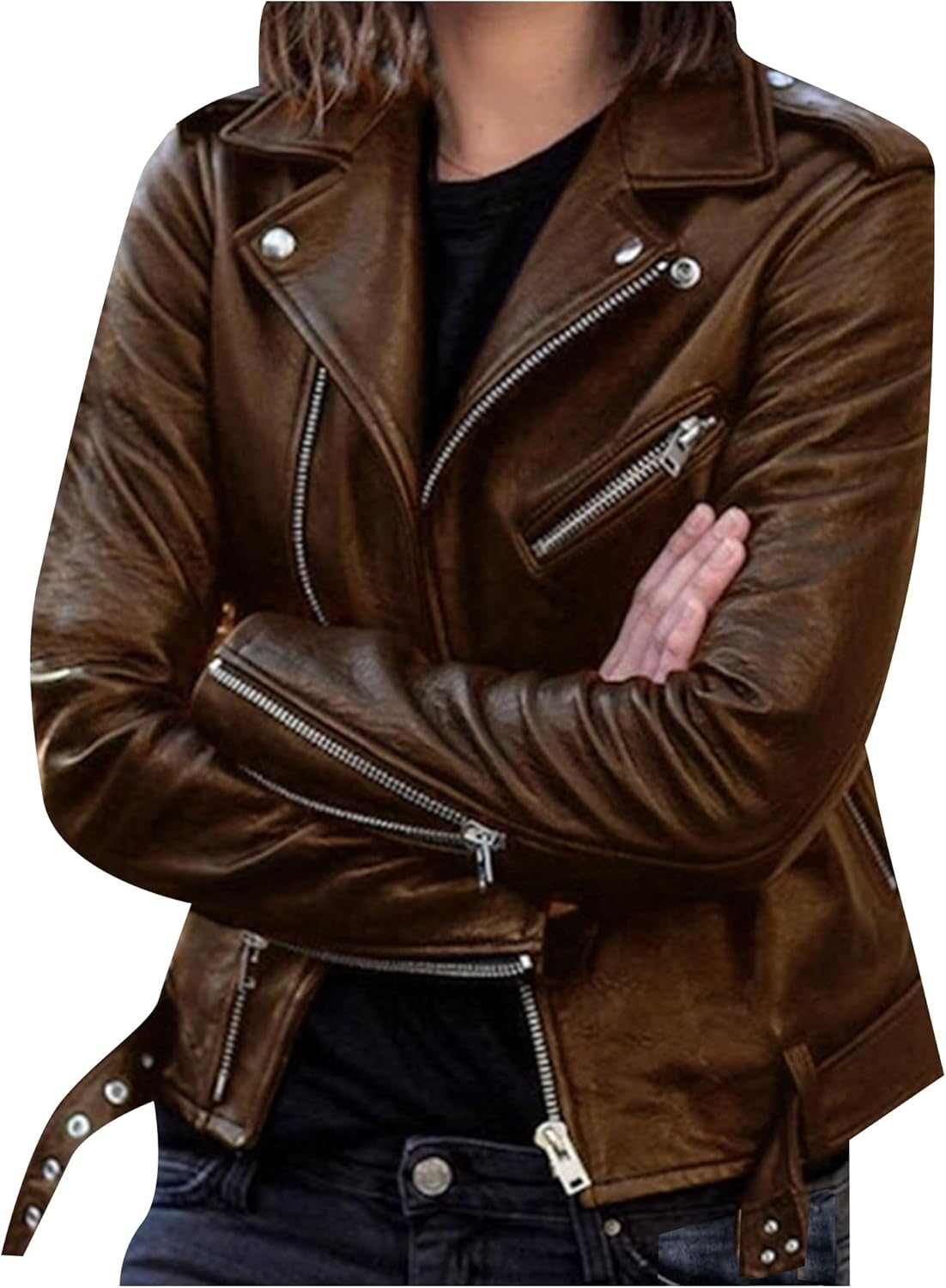 YMING Womens Classic Faux Leather Moto Jacket Notch Lapel Collar PU Jackets Autumn Zip Up Coats with Pockets