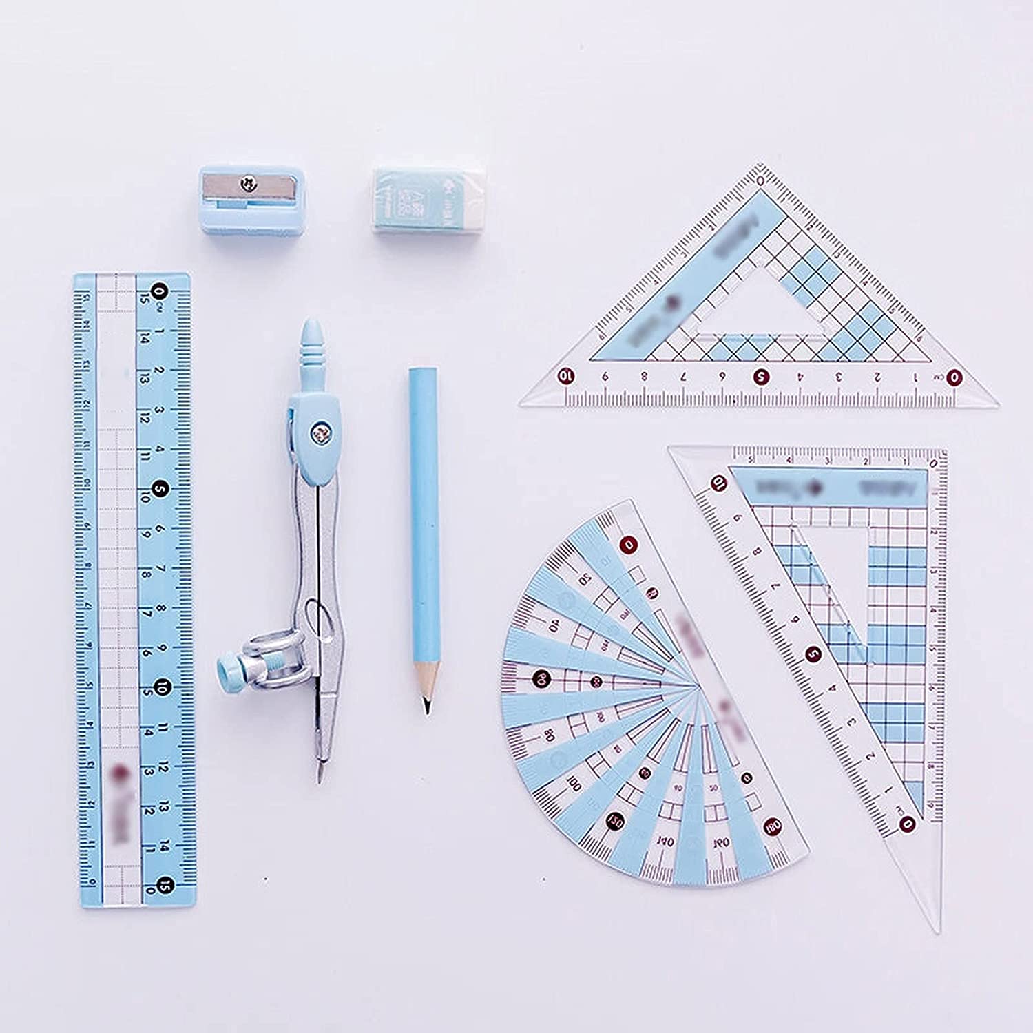 AKAZI Geometrie-Set Geometrie-Set 8-teiliges Mathe-Werkzeug-Set mit Zirkel, Winkelmesser, Radiergummi, Spitzer, Dreieck, 6-Zoll-Lineal, Aufbewahrungsbox, Kompass-Set (Color : Pink) (Blau)