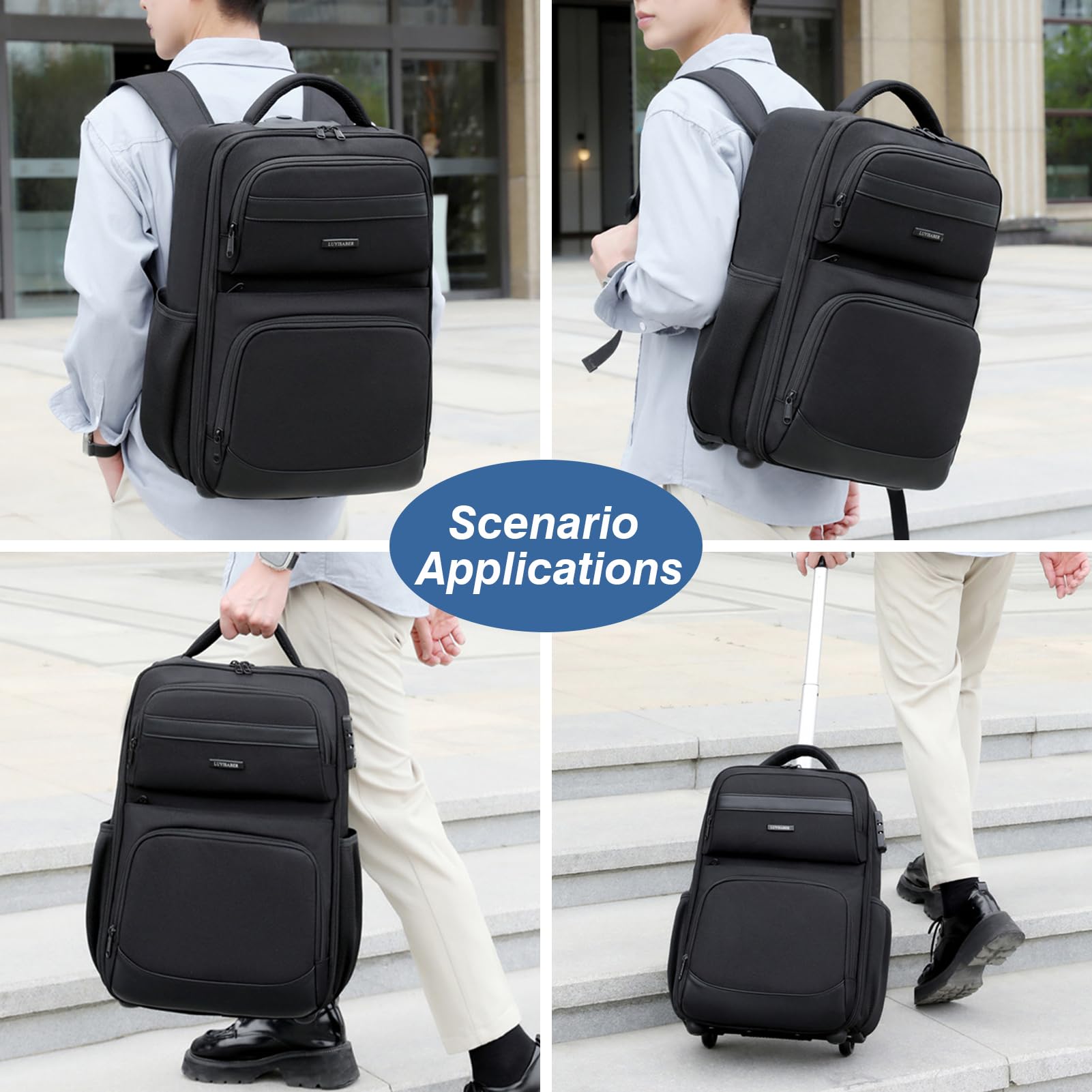 Zaino da Viaggio Trolley con Ruote Bagaglio a Mano Travel Backpack Valigia Suitcase Zainetto 18 Pollici Grande Borsa Laptop per uomo e donna Impermeabile Serratura a Codice Campeggio Scuola Nero
