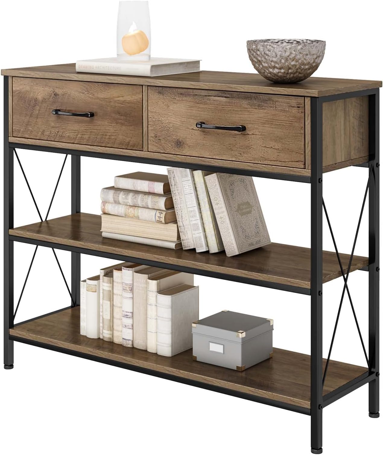 HITHOS Industrial Console Table with 2 Drawers, Narrow Long Entryway Table with 3-Tier Storage Shelves, Industrial Sofa Foyer Table for Living Room, Hallway, Entry Way, Foyer, Kitchen, Rustic Brown