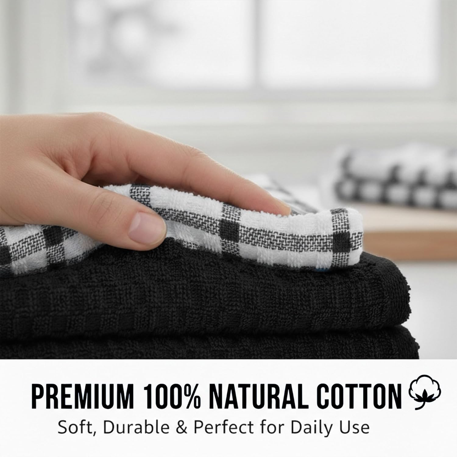 GOLD TEXTILES Kitchen Towels 6 Pack Premium 100% Cotton Dish Towels for Kitchen (15 x 25 Inches) Super Soft & Absorbent Kitchen Hand Towels for Drying Dishes, Cleaning - Reusable and Washable (Black) - Image 2