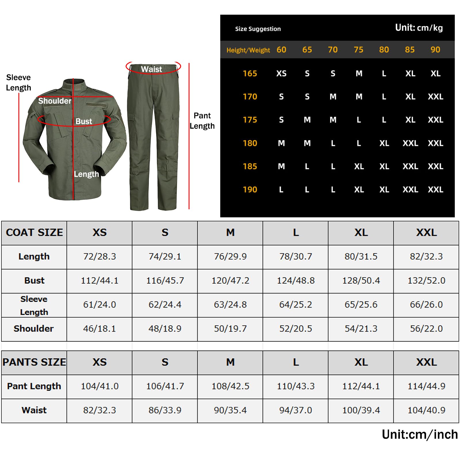 Traje de Camuflaje Militar para Caza Paintball Chaqueta y Pantalones Talla M Negro