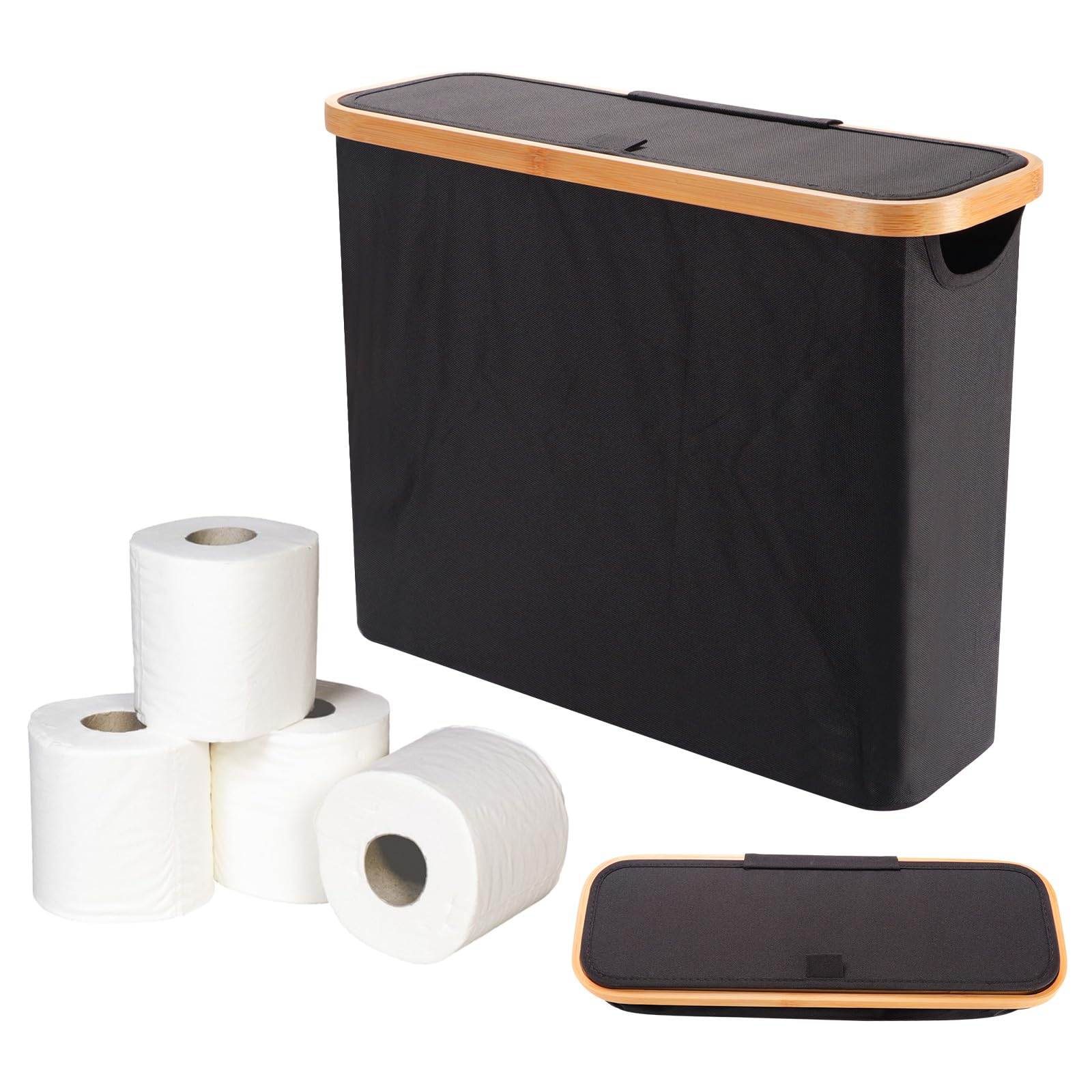 Cesto Porta Carta Igienica Oxford, Organizzatore In Tessuto E Legno Con Coperchio, Pieghevole, 43x17x35 Cm, Capienza 12 Rotoli