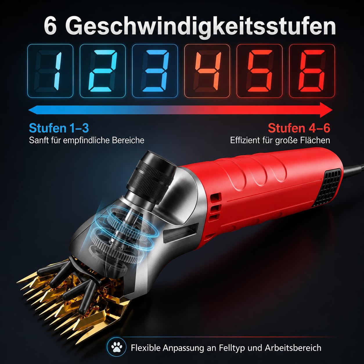 1200W Elektrische Schafschere, mit 13-Zahn-Klinge, Set im Koffer | High-Power Schafschermaschine, 6 Geschwindigkeiten, für Alpakas, Tiere, Schafe, Ziegen, Rot