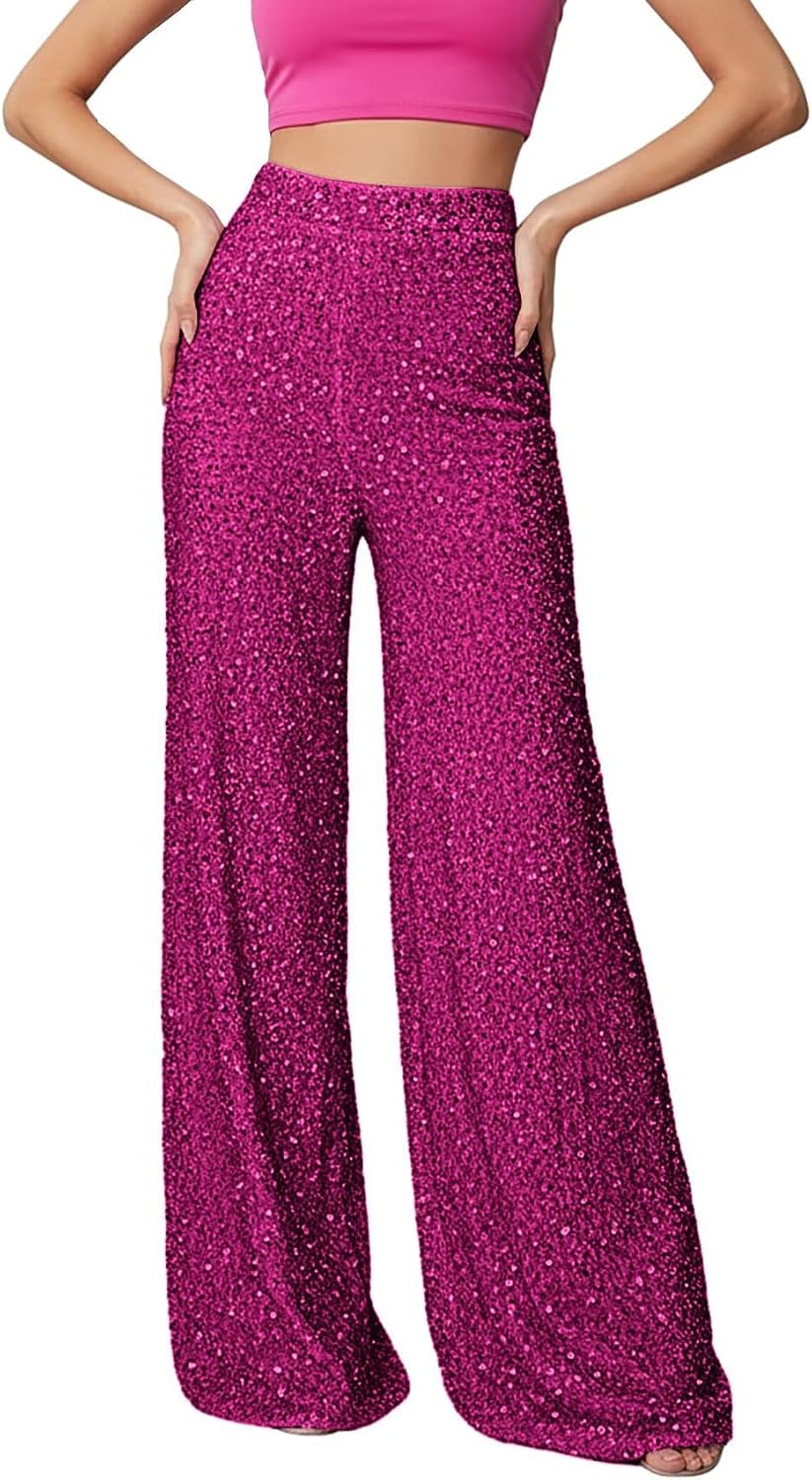 Sequin Pants for Women Elastic High Waisted Wide Leg Pants Sparkly Pull On Loose Casual Trousers