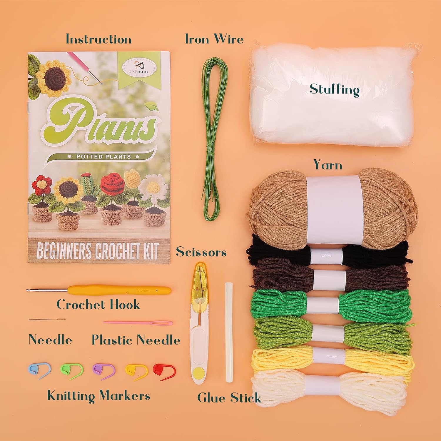 PP OPOUNT Beginner Crochet Kit - 3 PCS Potted Plants, Complete Crochet Kit for Beginners, Starter Pack for Adults and Kids with Step-by-Step Instructions and Video Tutorials (Patent Product)
