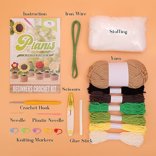 Miniatura 2 de PP OPOUNT Kit de ganchillo para principiantes, 3 plantas en maceta, paquete completo de inicio para adultos y niños con instrucciones paso a paso y