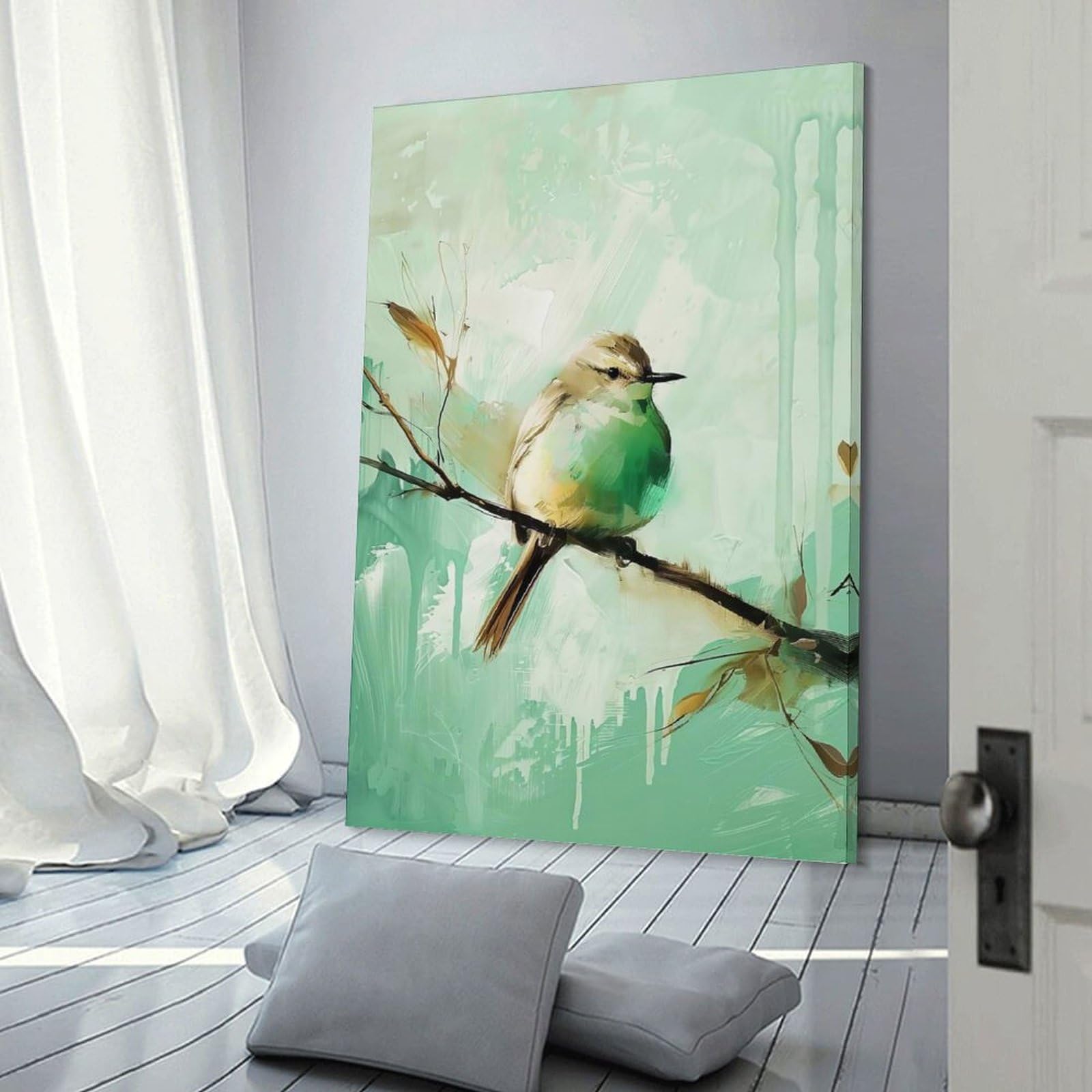 Junmoney Frame-Style-13 Green Bird On Branch Wall Art Print, 24X36inch(60X90cm), For Living Room, Bedroom, Office Or Hallway, A Flexible Wall Accent For Shared Spaces