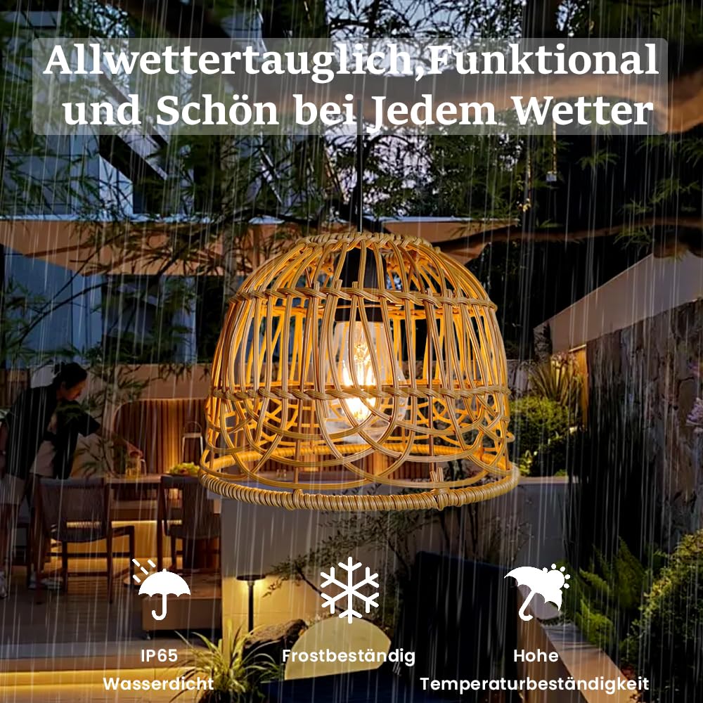 Lampadario Solare da Esterno, IP44 Lmpermeabile Lampada Sospensione Rattan Solare Con Telecomando, Lampadario a Sospensione Boho, Illuminazione Lampadario Rattan, Decorativa per Giardino