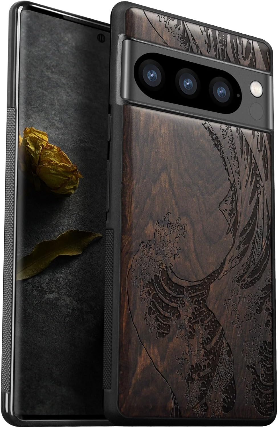 Carveit Wood Case for Pixel 8 Pro Case [Natural Wood & Black Soft TPU] Shockproof Protective Unique Wooden Cover Compatible with Google Pixel 8 Pro (Sea Wave-Blackwood)