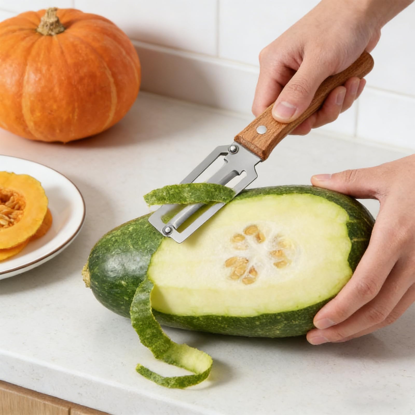 Stainless Steel Vegetable Peeler with Wooden Handle - Ergonomic Potato Peeler & Fruit Slicer, Sharp Blade for Carrot, Apple, Kiwi, Orange, Easy Grip Kitchen Tool (1 Pack) — view 7