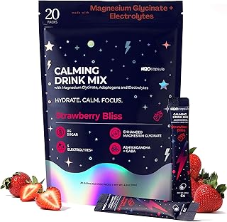 Calm Magnesium Glycinate Powdered Drink Mix with Electrolytes –Sugar Free with Ashwagandha, L-Theanine, Vitamin B6 &GABA – Cortisol Support, Stress Relief, Hydration & Focus - 20 servings (Strawberry)