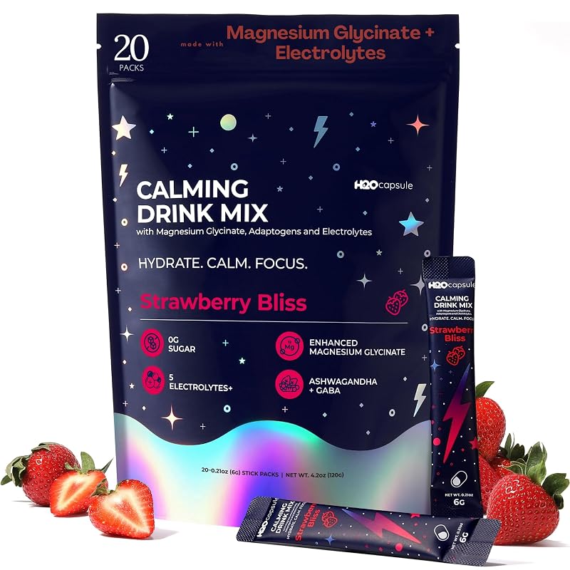 H2O Capsule Suplemento de magnésio em pó com eletrólitos, ashwagandha, L-teanina, vitamina B6 e GABA, sabor Strawberry Bliss, 20 porções, 119 g