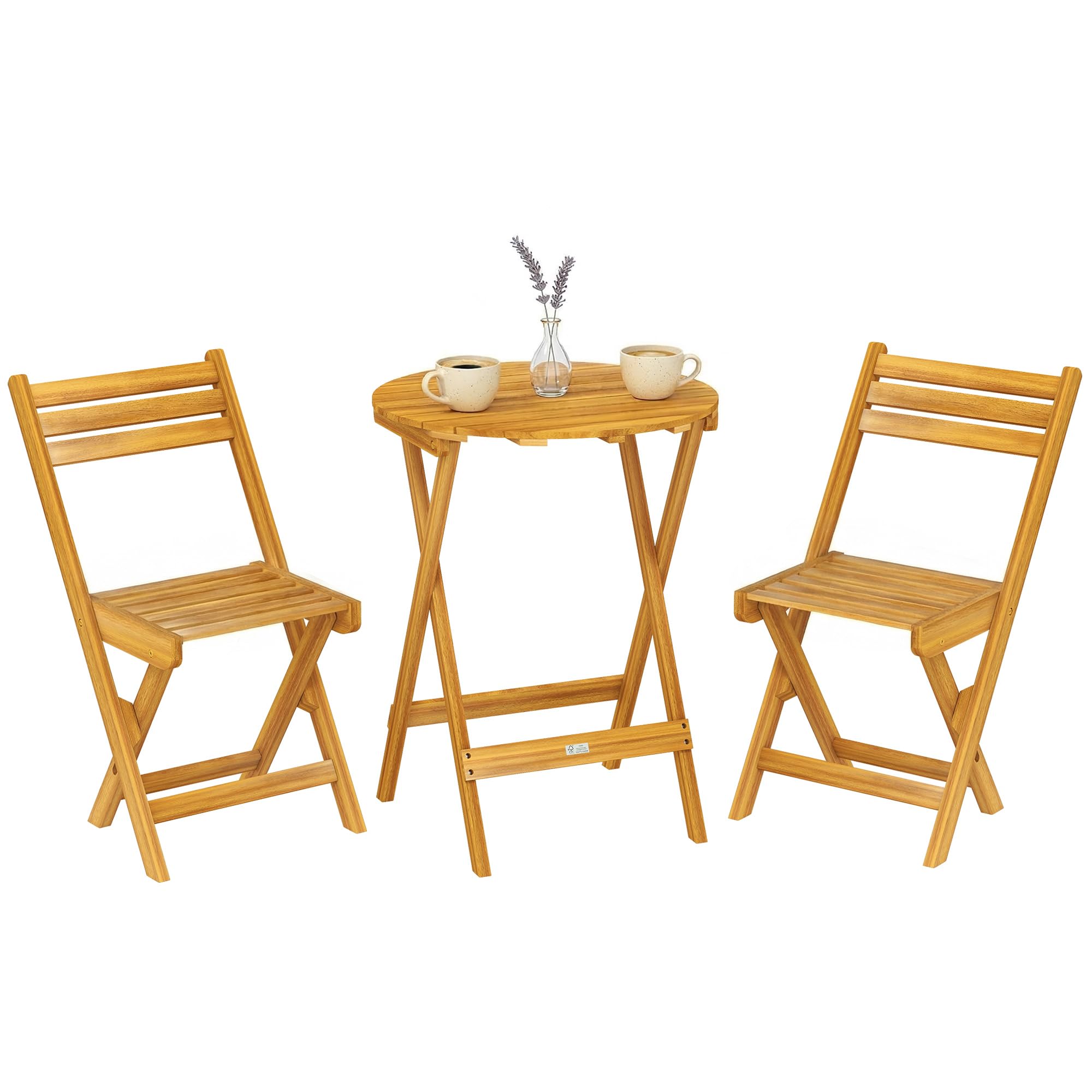 Outsunny Ensemble de Bistrot 3 Pièces Pliable en Bois d'Acacia, Table Ronde 60 cm et 2 Chaises à Lattes san Montage, Salon de Jardin Extérieur pour Balcon Patio Jardin, Naturel