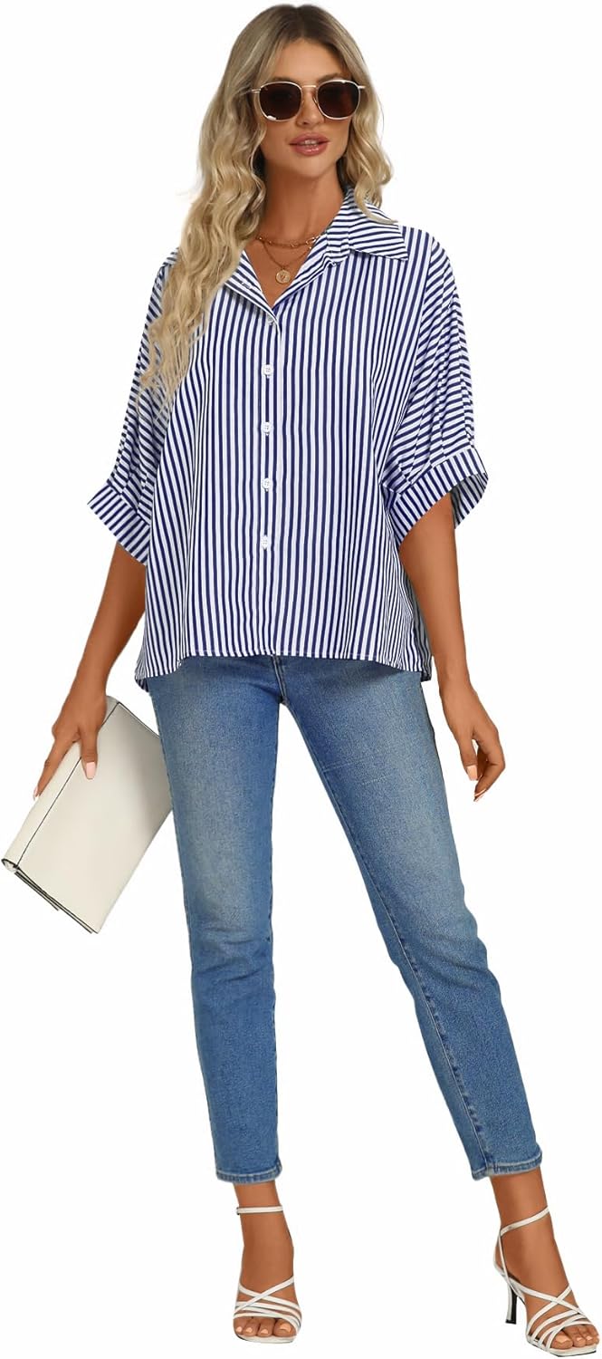 Vrtige Women's Casual Stripe Button Down Collar V Neck Half Sleeve Loose Blouse Shirt Top - Image 5