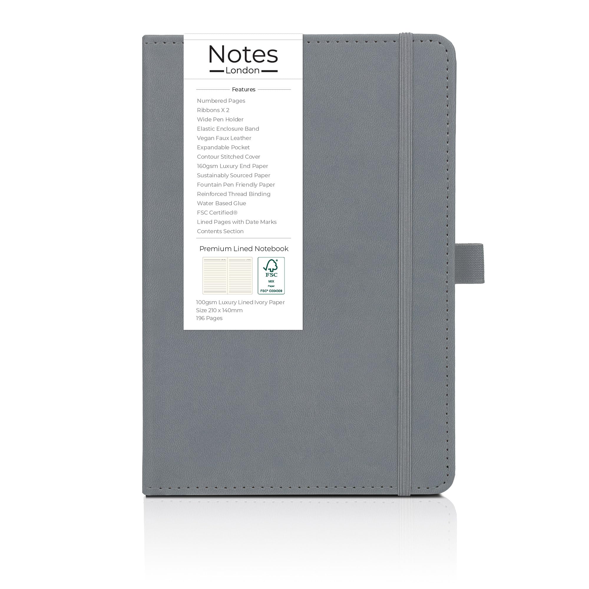 Notes London Luxury Italian Style A5 Notebook with Stitched Hardcover, 100gsm Lined Numbered & Date Marked Pages, 2X Ribbons - Image 2