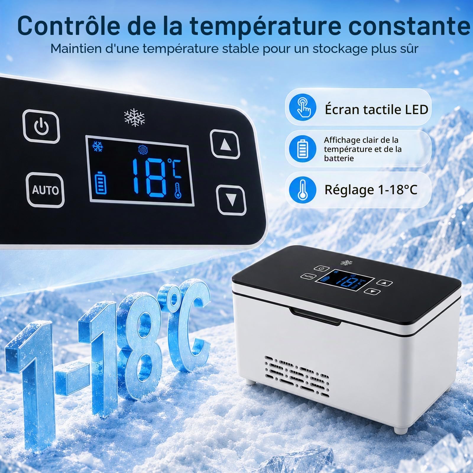 Glacière Électrique Portable pour Insuline avec Batterie, Mini Glacière à Médicaments pour Insuline et Peptides, Affichage LED 0-18°C Réglable, Deux Batteries 10600mAh pour Domicile Voyage Voiture