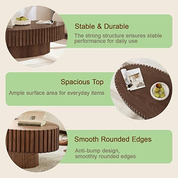 110CM Oval Fluted Coffee Table, Large Modern Wood Drum Coffee Table