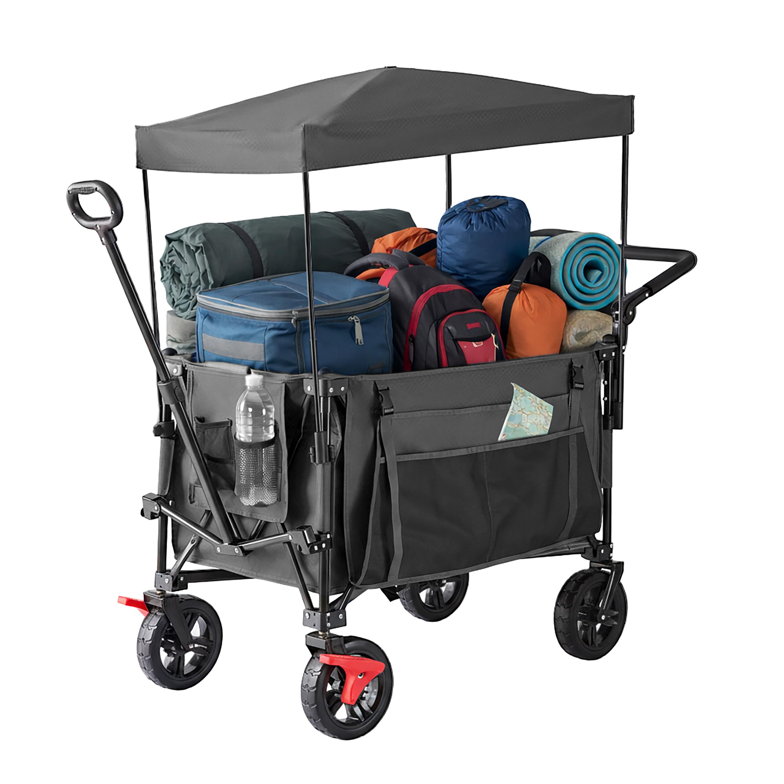 Relaxdays Bollerwagen, faltbar, 150 kg, Dach, Teleskop- & Schiebegriff, Gummireifen mit Bremse, Transportwagen, grau