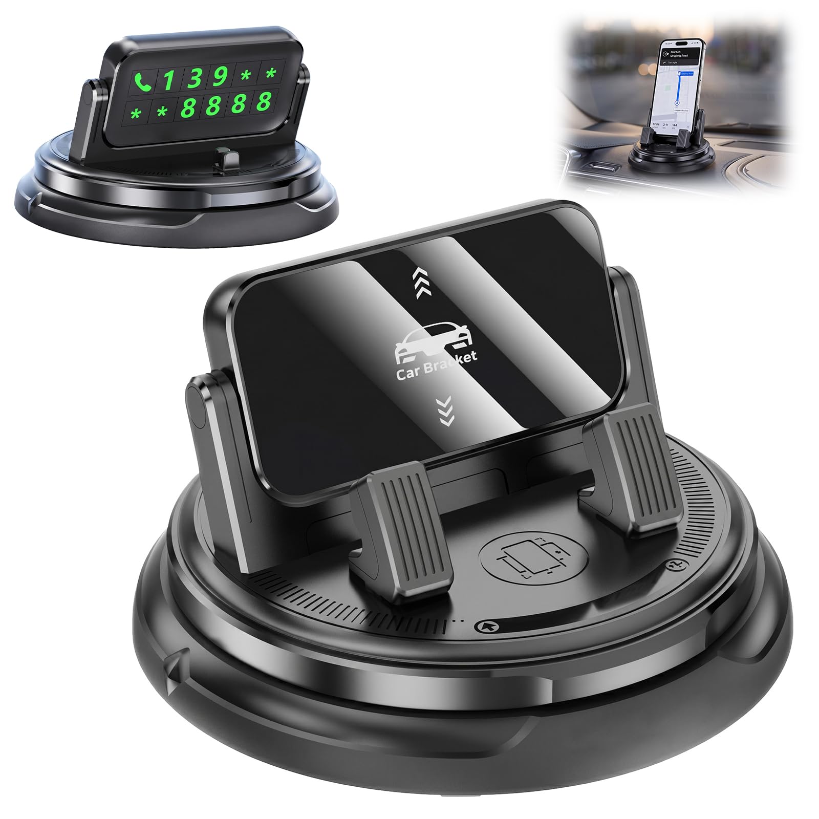 Soporte para teléfono de coche con rotación de 360 grados, soporte de teléfono para salpicadero con clip de resorte ajustable, soporte universal ajustable para teléfonos inteligentes